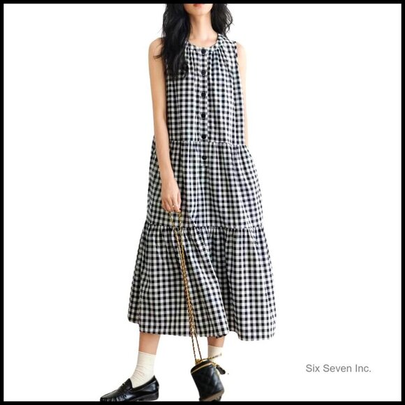 Dresses & Skirts - Summer Tiered Tank Dress Cotton Linen Sleeveless Beach Plaid Sun Dress